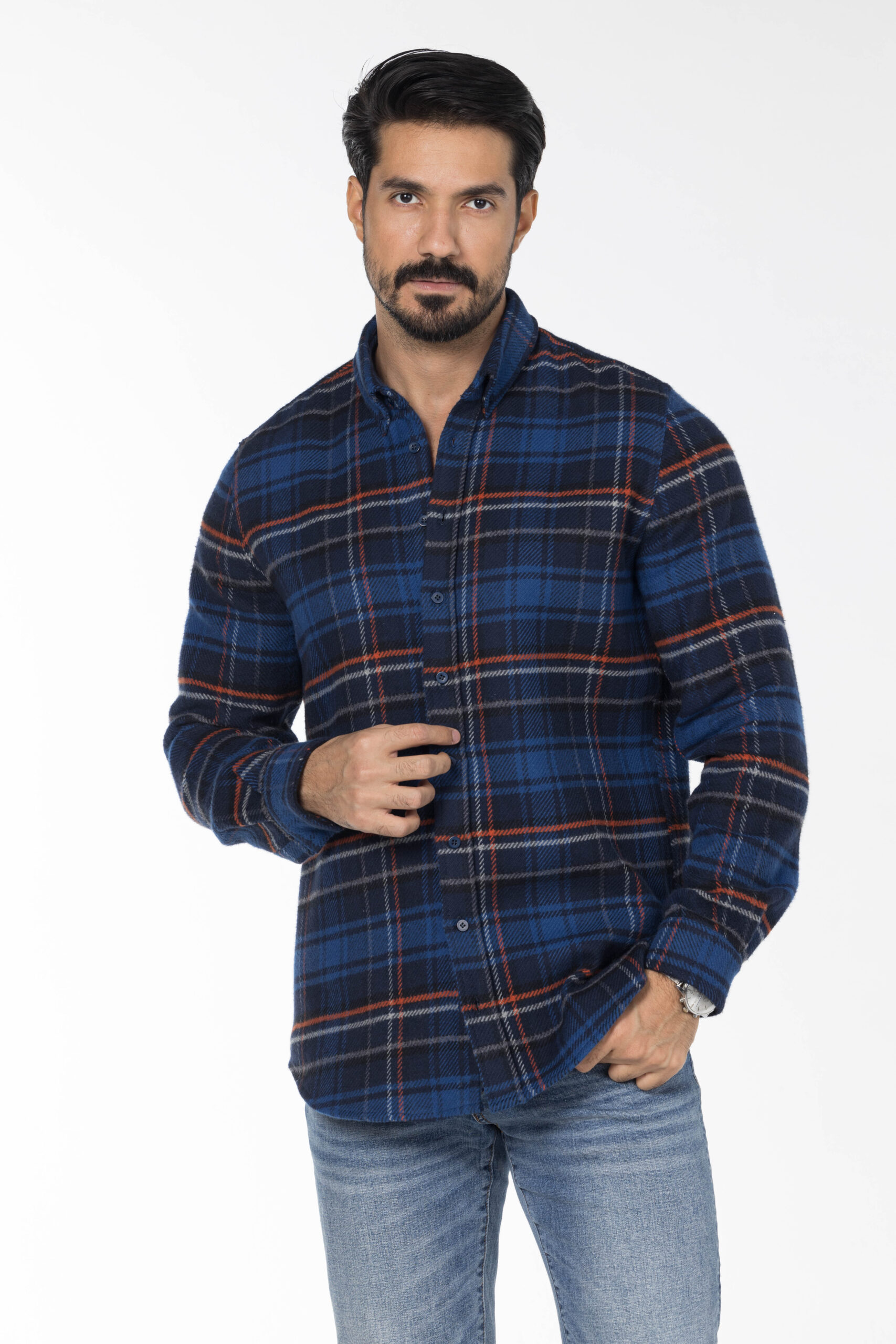 Plaid Wool Shirt - Oversized - Navy Blue Orange Grey pic1