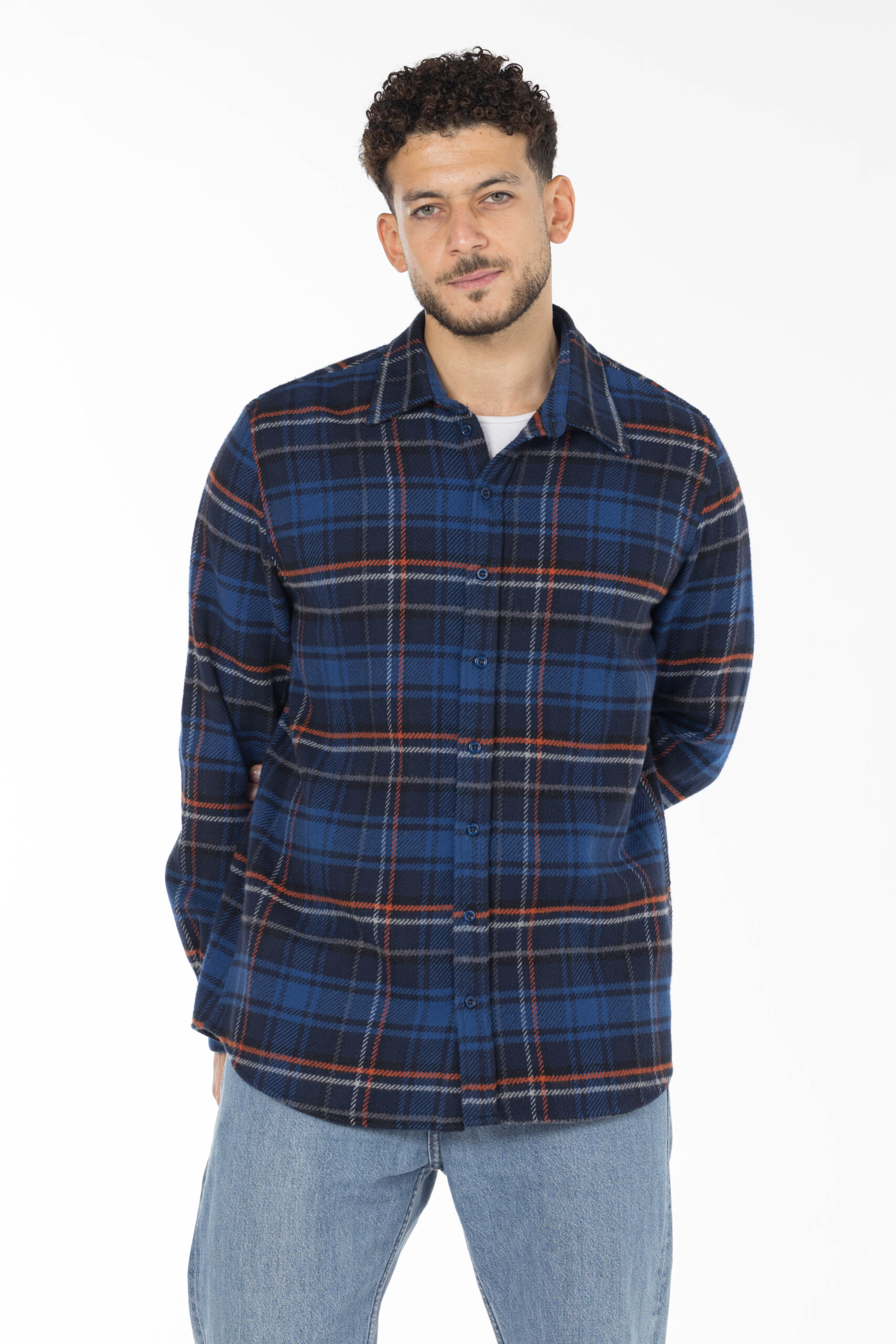 Plaid Wool Shirt - Oversized - Navy Blue Orange Grey pic10