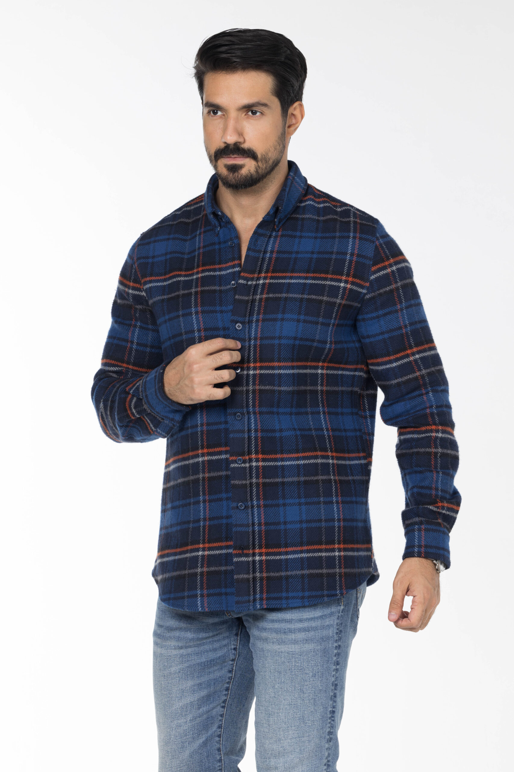 Plaid Wool Shirt - Oversized - Navy Blue Orange Grey pic20