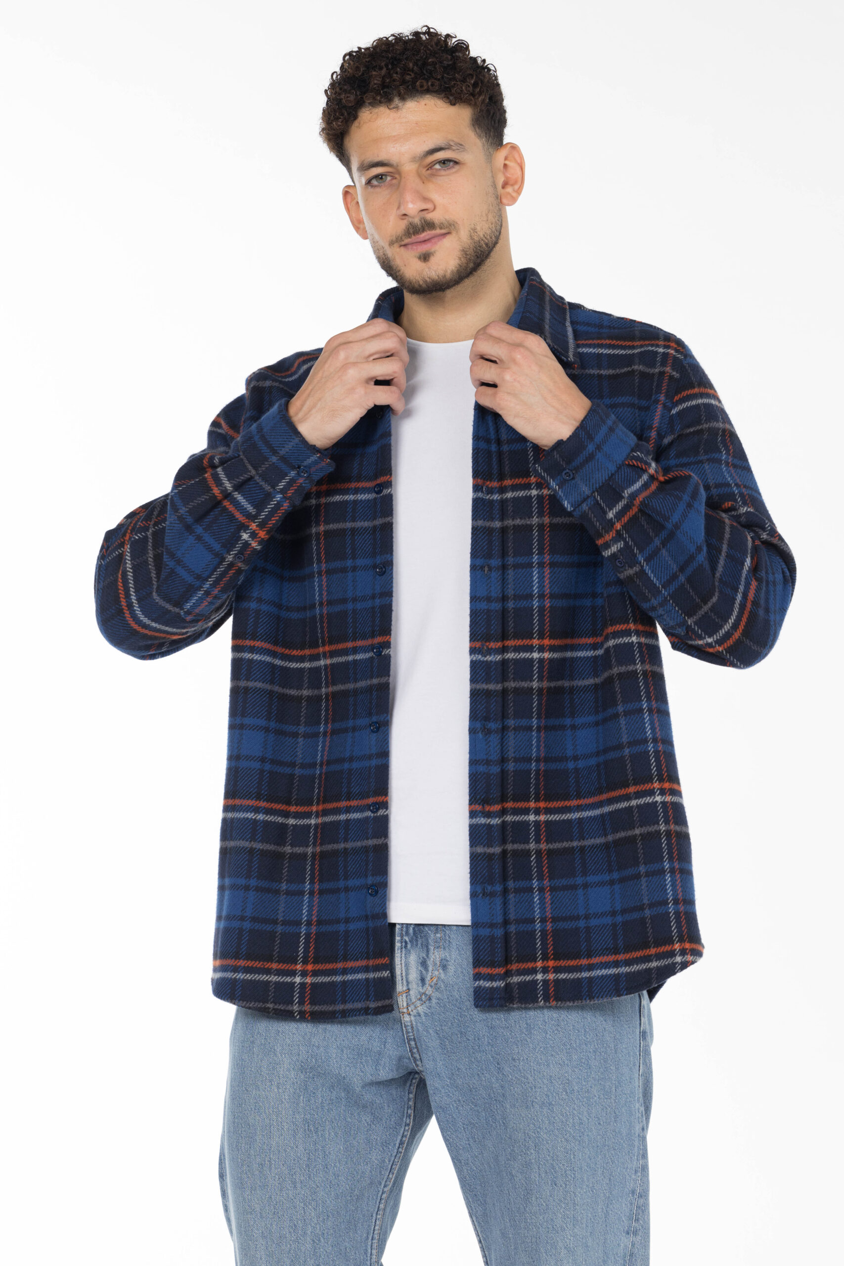 Plaid Wool Shirt - Oversized - Navy Blue Orange Grey pic4