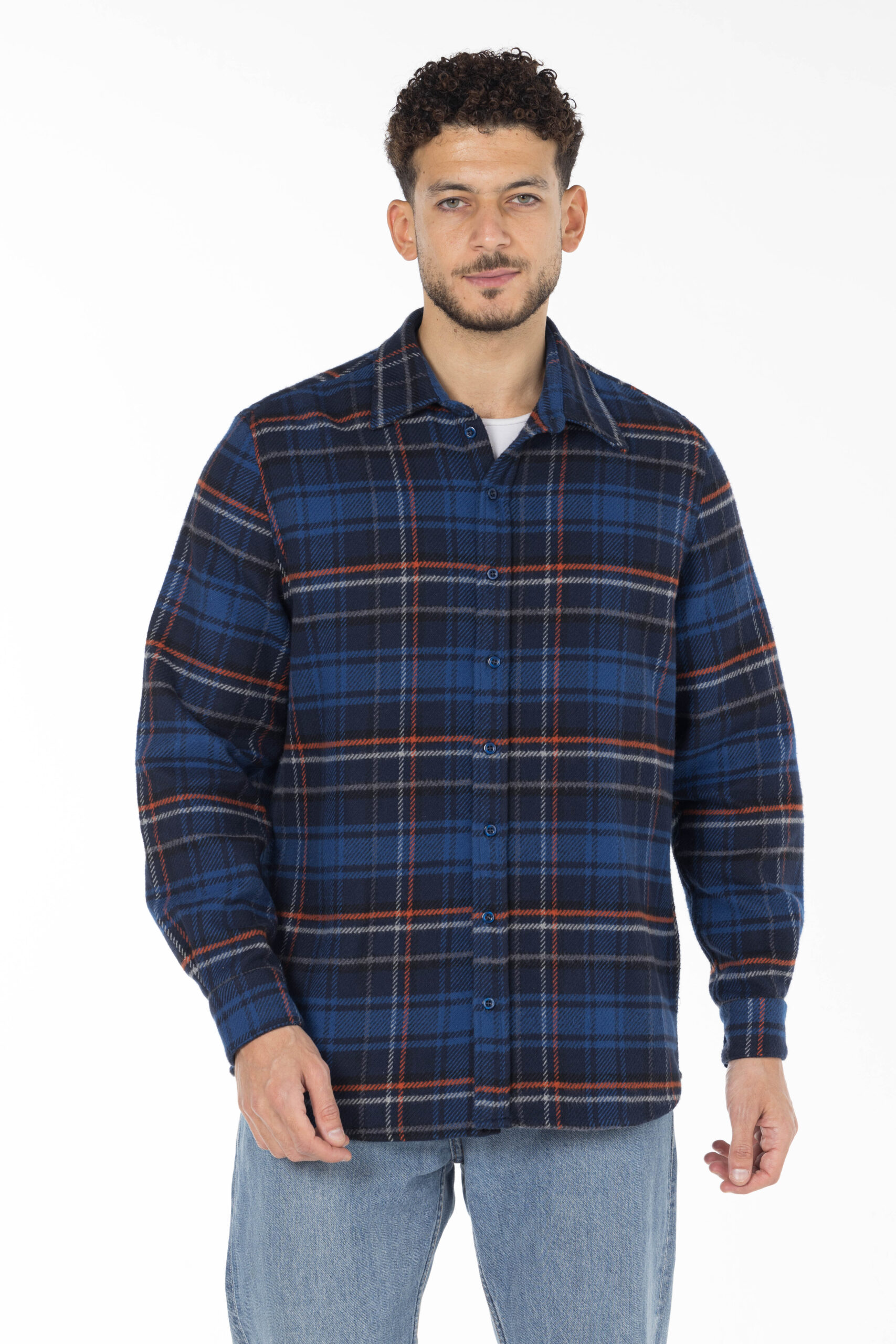 Plaid Wool Shirt - Oversized - Navy Blue Orange Grey pic7