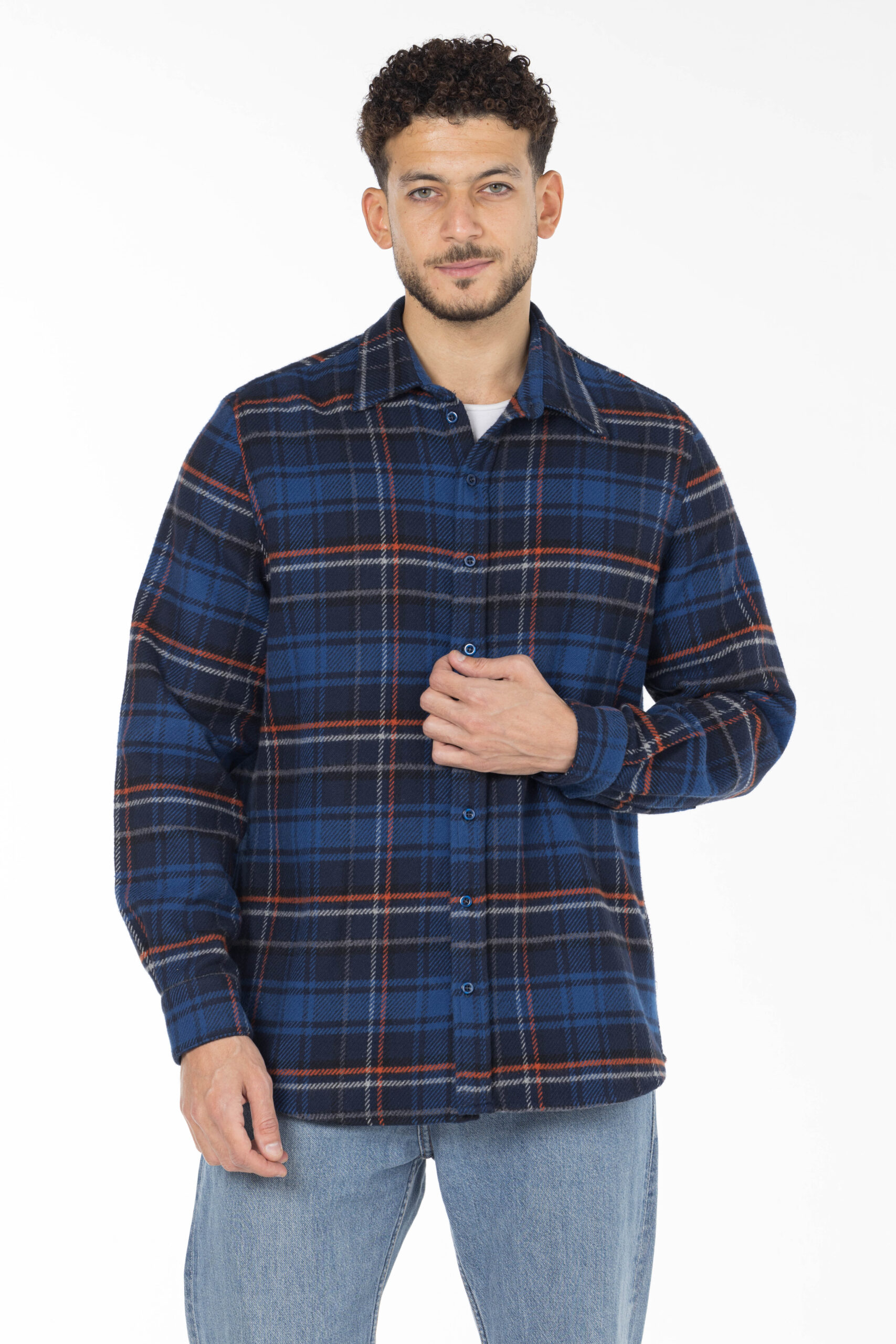 Plaid Wool Shirt - Oversized - Navy Blue Orange Grey pic8