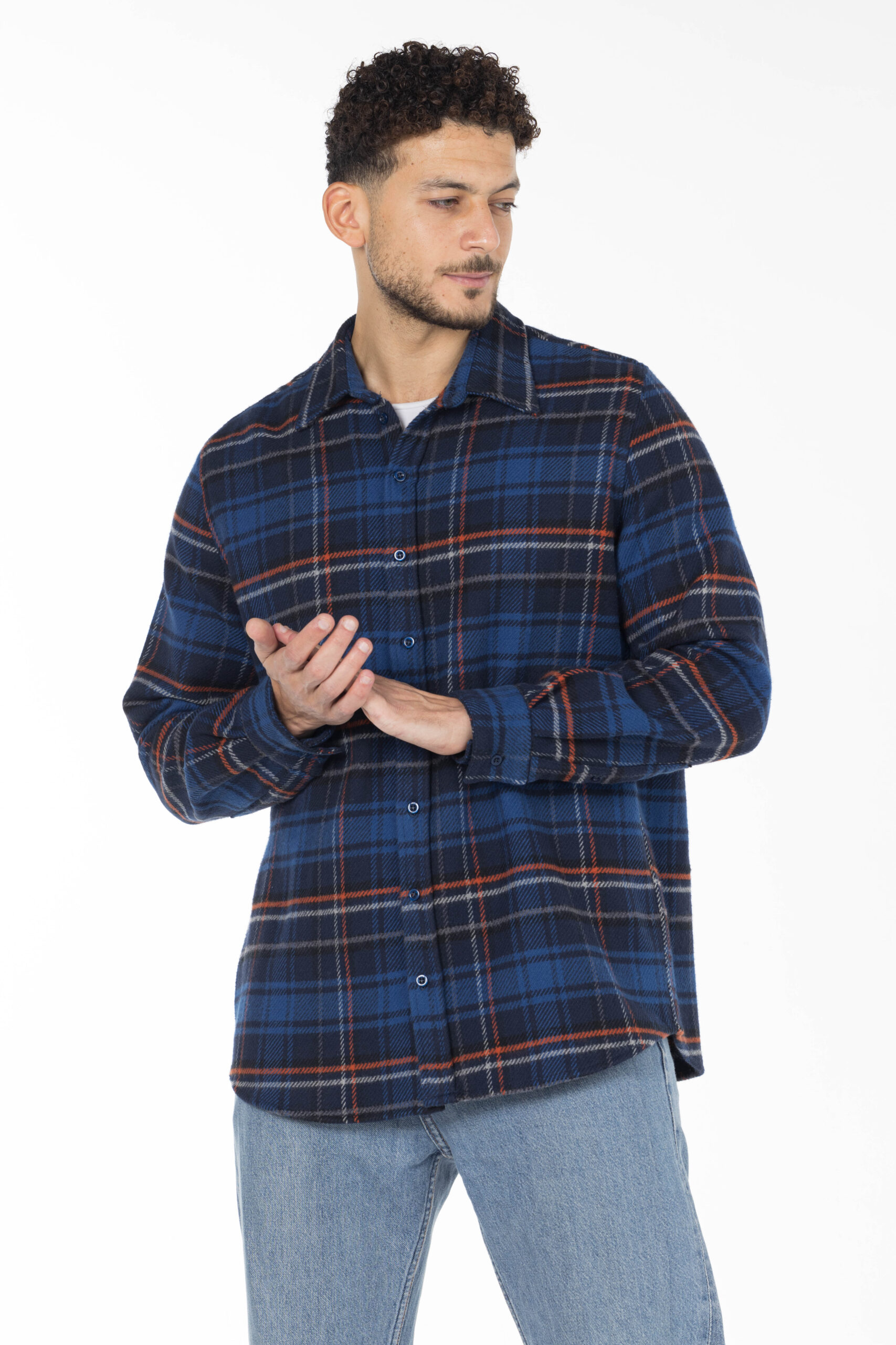 Plaid Wool Shirt - Oversized - Navy Blue Orange Grey pic9